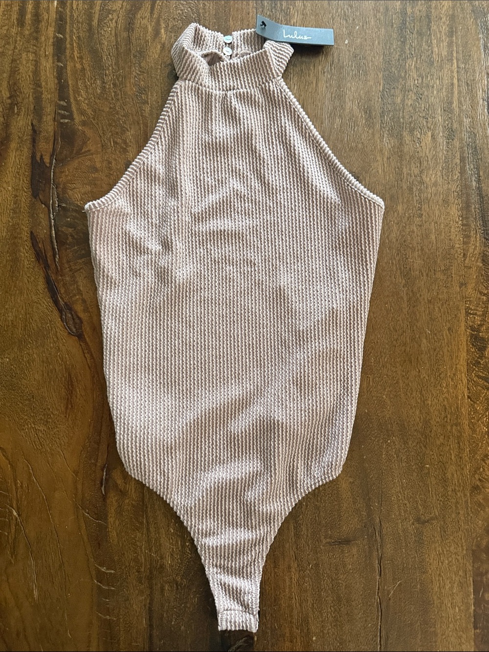 Lulu's Ribbed High-Neck Bodysuit in Light Mauve